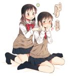  2girls black_hair blush bow brown_hair hachiko_(hati12) hands_on_own_cheeks hands_on_own_face hands_on_shoulders looking_at_another looking_back multiple_girls necktie open_mouth original school_uniform short_hair sitting skirt smile sweater_vest wariza yuri 
