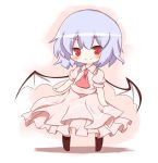  1girl bat_wings black_legwear blue_hair chibi closed_mouth commentary_request dress gaius_(nikoniko2) hat hat_removed headwear_removed pink_dress red_eyes remilia_scarlet short_hair smile solo touhou wings 