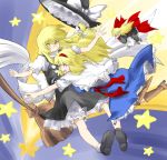  3girls alice_margatroid blonde_hair blue_eyes blush boots braid broom capelet couple hat hat_removed headwear_removed long_hair multiple_girls non_(z-art) open_mouth sash shanghai_doll short_hair side_braid star touhou witch_hat yellow_eyes yuri 