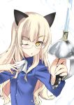  1girl ;o animal_ears blonde_hair cat_ears cravat long_hair military military_uniform one_eye_closed open_mouth perrine_h_clostermann rapier solo strike_witches sword uniform weapon yellow_eyes yuzuyoukan 