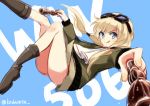  &gt;:) 1girl blonde_hair blue_eyes boots bottle brown_boots carla_j_luksic drink goggles goggles_on_head holding kodamari long_hair long_sleeves low_twintails solo strike_witches tongue tongue_out twintails twitter_username 