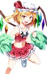  1girl blonde_hair cheerleader cowboy_shot e.o. fangs flandre_scarlet frilled_skirt frills hat hat_ribbon highres looking_at_viewer midriff miniskirt mob_cap navel open_mouth pleated_skirt pom_poms red_eyes ribbon shoes short_hair side_ponytail skirt small_breasts smile solo touhou wings 