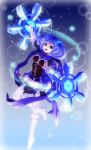  1girl :d blue_eyes blue_hair chiyo_(no3baki) dance_princess_of_the_ice_barrier duel_monster gradient gradient_background hair_ornament looking_at_viewer open_mouth scarf smile snowflakes solo twintails weapon yuu-gi-ou 