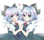  2girls alternate_hairstyle black_hair blue_dress blue_hair bow cirno dress dual_persona fang hair_bow heart holding_hands ice ice_wings interlocked_fingers kuromame_(8gou) multiple_girls open_mouth puffy_short_sleeves puffy_sleeves shirt short_sleeves touhou wavy_mouth wings 