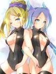  2girls ;) black_legwear black_swimsuit blonde_hair blue_eyes blue_hair blush breasts cleavage covered_navel front_zipper_swimsuit hair_ornament idunn_&amp;_idunna locked_arms long_hair multiple_girls one-piece_swimsuit one_eye_closed ponytail puzzle_&amp;_dragons smile swimsuit thigh-highs twintails unzipped uzura_kazuhisa zipper 