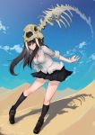  1girl black_hair black_legwear black_skirt blue_eyes bone desert highres kneehighs loafers long_hair looking_at_viewer miniskirt original re_(tori) school_uniform shadow shoes skirt smile solo 