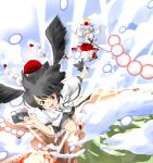  &gt;_&lt; 2girls black_hair black_wings blush brown_eyes camera closed_eyes danmaku geta hat inubashiri_momiji miniskirt multiple_girls non_(z-art) open_mouth shameimaru_aya shirt short_hair short_sleeves skirt tengu-geta tokin_hat touhou white_hair wings 