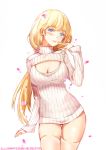  1girl :p artist_name blonde_hair blue_eyes blush breasts cleavage_cutout contrapposto hair_ribbon highres large_breasts long_hair low_ponytail open-chest_sweater original petals resiesta ribbed_sweater ribbon solo sweater sweater_dress thigh-highs thigh_gap tongue tongue_out turtleneck white_legwear 
