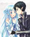  1boy 1girl asuna_(sao-alo) black_eyes black_hair blue_eyes blue_hair couple highres keiko. kirito_(sao-alo) long_hair pointy_ears short_hair sword_art_online 