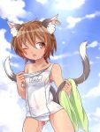  1girl animal_ears blue_sky brown_hair cat_ears chen clouds couch ear_piercing fang ibarashiro_natou jewelry multiple_tails nekomata off_shoulder one_eye_closed open_mouth piercing red_eyes school_swimsuit single_earring sky solo swimsuit tail tan tanline touhou towel wet white_school_swimsuit white_swimsuit 