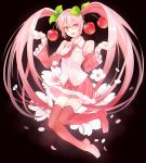  1girl bare_shoulders boots cherry cherry_blossoms detached_sleeves food fruit hair_ornament hatsune_miku highres long_hair necktie open_mouth petals pink_eyes pink_hair pink_skirt pomu_(pompom_o) sakura_miku skirt smile solo thigh-highs thigh_boots twintails very_long_hair vocaloid 