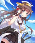  1girl ahoge black_eyes bottle brown_hair detached_sleeves hairband highres japanese_clothes jasterrr kantai_collection kongou_(kantai_collection) long_hair looking_at_viewer machinery nontraditional_miko smile solo thigh-highs turret water_bottle wide_sleeves 
