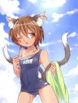  1girl animal_ears blue_sky brown_hair cat_ears chen clouds couch ear_piercing fang ibarashiro_natou jewelry multiple_tails nekomata off_shoulder one_eye_closed open_mouth piercing red_eyes school_swimsuit single_earring sky solo swimsuit tail tan tanline touhou towel wet 