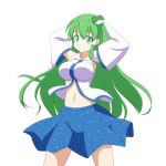  1girl armpits arms_up breasts cato_(monocatienus) frog_hair_ornament green_eyes green_hair hair_ornament kochiya_sanae large_breasts long_hair long_sleeves midriff navel open_clothes open_shirt shirt simple_background skirt smile snake_hair_ornament solo touhou very_long_hair white_background 