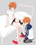  2boys ahoge akame_(eckesachs) aoi_kyosuke aoi_yusuke barefoot bed blush brothers dressing glasses highres idolmaster idolmaster_side-m multiple_boys open_mouth orange_hair siblings sitting_on_bed twins 