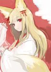  1girl animal_ears blonde_hair fox_ears fox_tail hair_ornament japanese_clothes long_hair miko oshiro_project parody re_(tori) red_eyes senko_(oshiro_project) sleeves_past_wrists solo tail 