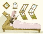  1girl bed bedroom character_name clock commentary kanji long_hair megurine_luka pink_hair sitting smile solo very_long_hair vocaloid yoshinomi_(torino-su) 