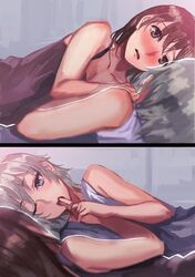  2girls anastasia_(idolmaster) blush deras idolmaster idolmaster_cinderella_girls lying multiple_girls nitta_minami one_eye_closed 