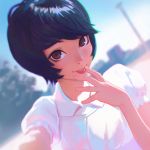  1girl bangs black_hair brown_eyes dutch_angle face ilya_kuvshinov lips looking_at_viewer original outdoors parted_lips sky solo swept_bangs upper_body 