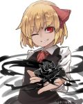  1girl black_rose blonde_hair bow darkness dated flower hair_bow hair_ornament highres jpeg_artifacts long_sleeves looking_at_viewer one_eye_closed red_eyes reiga_(act000) rose rumia shirt short_hair simple_background skirt skirt_set smirk solo touhou upper_body vest white_background 