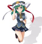  1girl asymmetrical_hair blue_eyes gloves green_hair hand_in_hair hat hat_removed headwear_removed highres jumping mono_(mono60) puffy_short_sleeves puffy_sleeves rod_of_remorse shadow shiki_eiki shirt short_sleeves skirt smile solo touhou vest white_gloves 