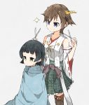  2girls arare_(kantai_collection) bangs black_hair blue_eyes blunt_bangs brown_eyes brown_hair daiyamaimo detached_sleeves hiei_(kantai_collection) kantai_collection multiple_girls nontraditional_miko scissors short_hair skirt sparkle 