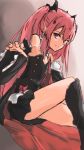 1girl bare_shoulders black_dress boots bow detached_sleeves dress highres krul_tepes long_hair owari_no_seraph pink_hair pointy_ears red_eyes ribbon sitting smile solo thigh-highs thigh_boots vampire very_long_hair 