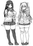  2girls asanagi breasts large_breasts loafers long_hair looking_at_viewer microskirt monochrome multiple_girls original ribbon school_uniform shoes simple_background skirt smile thigh-highs twintails vest white_background zettai_ryouiki 