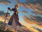  1girl ahoge armor armored_dress blonde_hair dress excalibur fate/stay_night fate_(series) gauntlets green_eyes hair_ribbon hand_on_hilt planted_sword planted_weapon ribbon saber sky solo sword t@kuyoa weapon 