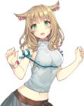  1girl :o animal_ears arms_up blush breasts cat_ears cowboy_shot earrings embarrassed facial_tattoo fang final_fantasy final_fantasy_xiv flower green_eyes hair_flower hair_ornament jewelry light_brown_hair looking_at_viewer midriff miqo&#039;te momoko_(momopoco) navel pleated_skirt rei_no_himo shirt skirt sleeveless sleeveless_shirt solo sweatdrop tattoo wavy_hair white_shirt wristband 
