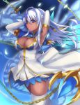  1girl a-na andromeda_(p&amp;d) armpits arms_behind_head blue_eyes blue_hair breasts chain cleavage cleavage_cutout dark_skin dragon dress highres long_hair puzzle_&amp;_dragons solo thigh-highs zettai_ryouiki 