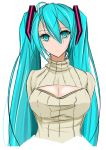  1girl absurdres aqua_eyes aqua_hair arms_behind_back breasts cleavage cleavage_cutout hatsune_miku highres large_breasts long_hair open-chest_sweater ribbed_sweater sayo_ayato solo sweater turtleneck twintails upper_body very_long_hair vocaloid 