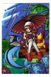  brown_hair bush flareon flower flower_in_mouth hat highres kamitorishin kotone_(pokemon) leaf parasol pokemon rain red_shoes shoes thigh-highs umbrella vaporeon white_legwear 