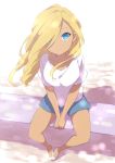  1girl blonde_hair blue_eyes casual hair_over_one_eye highres inazuma_eleven_(series) inazuma_eleven_go inazuma_eleven_go_chrono_stone knees_apart_feet_together long_hair looking_at_viewer no_pupils reiza sekina shoes shorts sitting solo 