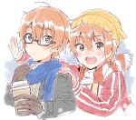  2boys ahoge akame_(eckesachs) aoi_kyosuke aoi_yusuke brothers cup glasses gloves hat idolmaster idolmaster_side-m multiple_boys orange_hair siblings smile twins w_(idolmaster) 