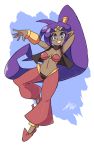  1girl bandeau bigdead93 blue_eyes breasts choker dark_skin earrings eyebrows forehead_jewel full_body harem_pants highres hoop_earrings jewelry long_hair pants pointy_ears pointy_shoes ponytail purple_hair shantae shantae_(character) shantae_and_the_pirate&#039;s_curse shoes smile solo thick_eyebrows tiara very_long_hair vest 