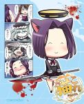  ^_^ animal_ears arms_up blood blood_splatter blue_eyes cat_ears cat_tail chibi closed_eyes eating glaive kantai_collection kemonomimi_mode machinicalis maya_(kantai_collection) mechanical_halo purple_hair tail tatsuta_(kantai_collection) tears tenryuu_(kantai_collection) wo-class_aircraft_carrier 