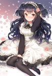  1girl apron black_hair black_legwear blush bow dangmill dress flower hair_bow hair_flower hair_ornament hairband long_hair long_sleeves looking_at_viewer maid original pantyhose petals red_eyes sitting solo twintails two_side_up 