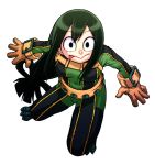  1girl :&gt; :p asui_tsuyu black_eyes bodysuit boku_no_hero_academia brown_gloves chiba_toshirou covered_navel full_body gloves green_hair hair_rings long_hair looking_at_viewer low-tied_long_hair simple_background solo tongue tongue_out white_background wide-eyed 