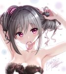  1girl adjusting_hair armpits arms_up blush breasts cleavage grey_hair hair_tie highres idolmaster idolmaster_cinderella_girls kanzaki_ranko large_breasts looking_at_viewer mouth_hold naked_towel simple_background smile solo towel tsukigami_runa tying_hair upper_body violet_eyes wet white_background 
