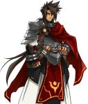  1boy armor artist_request bangs black_hair cape elsword expressionless gloves long_hair male_focus official_art parted_bangs penensio_(elsword) red_cape solo spiky_hair tabard white_background yellow_eyes 