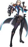  1boy alternate_costume aqua_eyes belt boots chaos_online dual_wielding full_body gun handgun highres long_hair looking_at_viewer love_cacao male_focus official_art parted_lips simple_background solo standing transparent_background weapon zerdin 