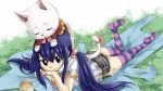  1girl blue_hair brown_eyes cat charle_(fairy_tail) end_card fairy_tail hair_ornament long_hair looking_at_viewer lying mashima_hiro official_art on_head on_stomach screencap shorts sleeping striped striped_legwear thigh-highs twintails wendy_marvell zettai_ryouiki 