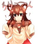  1girl ? age_regression akatsuki_no_guuru animal_ears blush brooch brown_hair child dress highres imaizumi_kagerou jewelry long_hair long_sleeves oversized_clothes red_eyes solo touhou wide_sleeves wolf_ears younger 