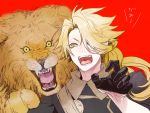  1boy black_gloves blonde_hair fangs gloves hair_over_one_eye lion male_focus open_mouth ponytail shishiou touken_ranbu yellow_eyes zuwai_kani 