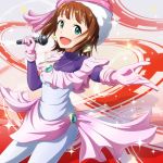  1girl amami_haruka brown_hair green_eyes hair_ribbon idolmaster kouchou microphone open_mouth ribbon short_hair smile solo 