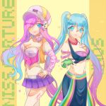  2girls alternate_costume alternate_hair_color blue_eyes blue_hair breasts cleavage detached_sleeves fingerless_gloves gloves hair_over_one_eye huayue large_breasts league_of_legends long_hair midriff miniskirt miss_fortune multiple_girls open_mouth pink_hair sarah_fortune skirt sona_buvelle twintails very_long_hair wavy_hair 
