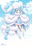  1girl ahoge altaria blue_eyes blue_hair clouds coat dangmill hat highres long_hair mega_pokemon personification pokemon pokemon_(creature) sky swablu twintails 