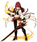  1girl artist_request asymmetrical_clothes black_boots black_legwear boots bracelet coat elesis elsword fingerless_gloves fire gloves jewelry knee_boots long_hair official_art pyrokinesis red_eyes redhead single_pantsleg single_thighhigh smile solo standing sword thigh-highs weapon white_background 