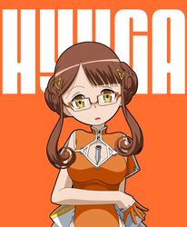  alternate_costume alternate_hairstyle aoki_hagane_no_arpeggio breasts brown_hair character_name double_bun glasses highres hyuuga_(aoki_hagane_no_arpeggio) kamo_3 large_breasts orange_background yellow_eyes 